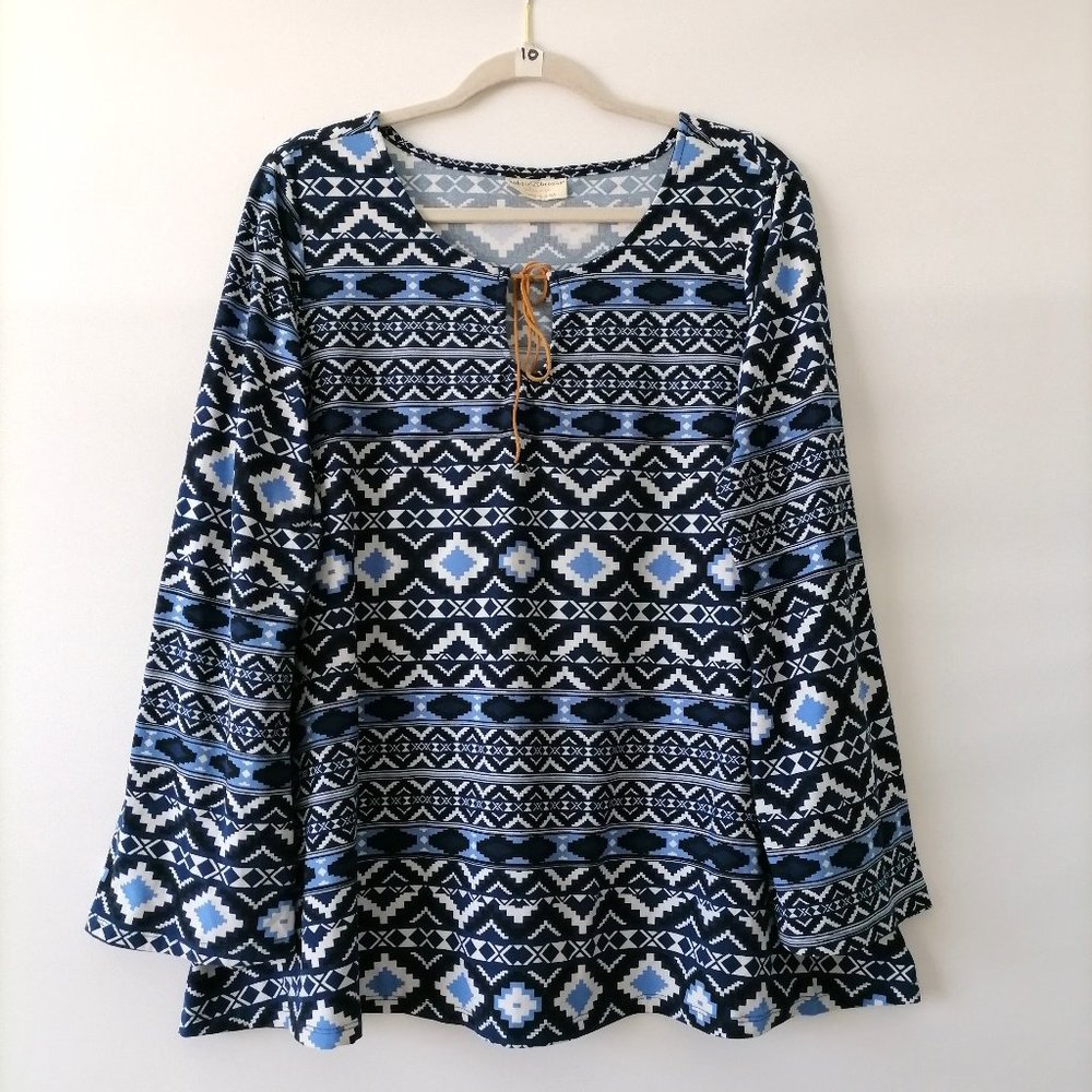 Bobbie & Brooks Womens Blue Round Neck Long Sleeve Aztec Blouse Top Plus Size 1X